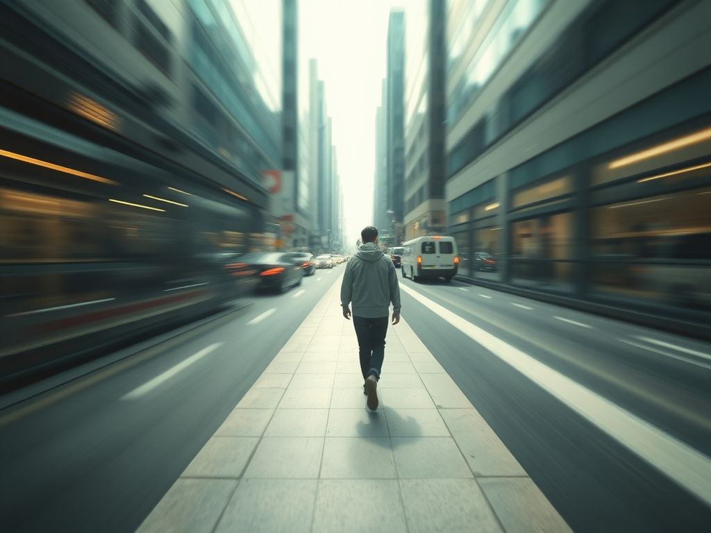 Man walking on a busy avenue with motion blur, symbolizing accelerated time and its impact on mental health and relationships