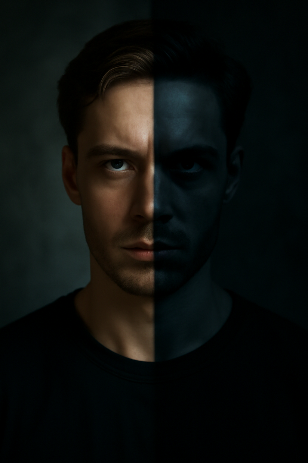 Close-up portrait of a person with one side normal and the other in dark, shadowy tones, symbolizing the dual nature of narcissism and inner conflict.