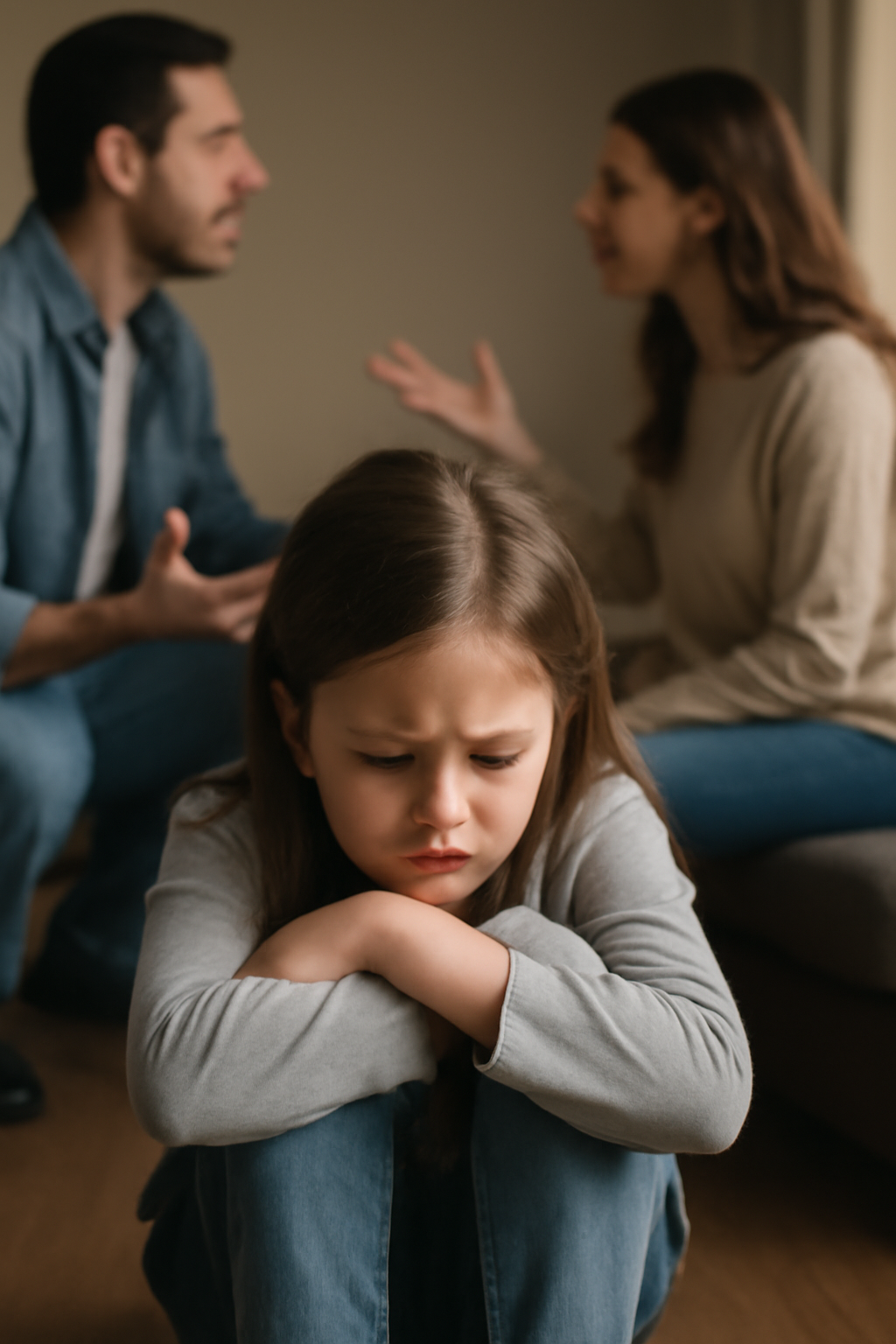 A young girl, around 8 to 10 years old, sitting alone, with a sad expression, symbolizing the emotional impact of parental alienation on children