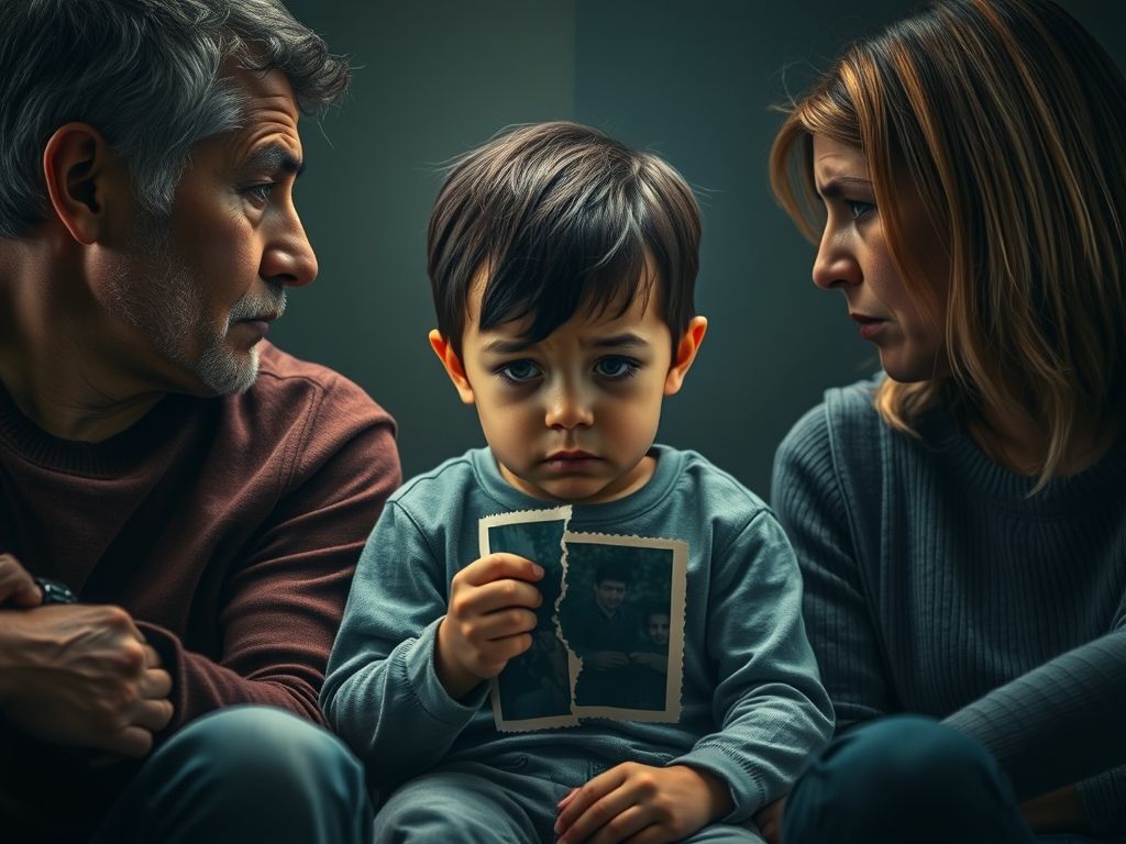 Sad child between parents during parental conflict in divorce